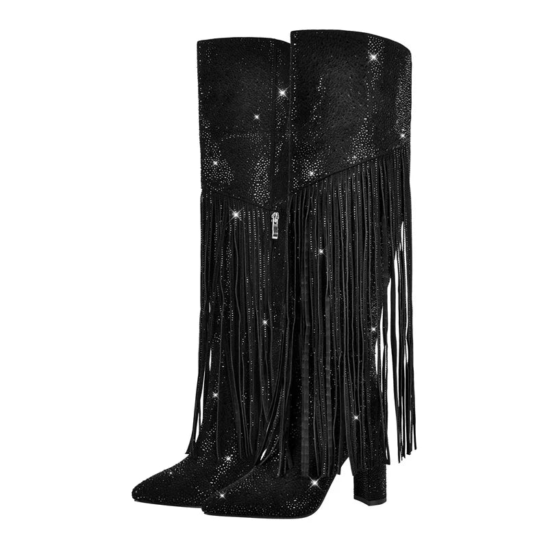 Onlymaker Women Fringe Rhinestones Bling Western Cowboy Boots Cowgirl Pointed Toe Block High Heel Side Zipper Knee High Boots
