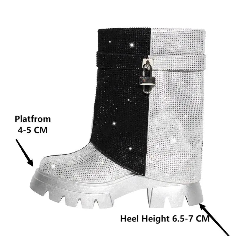 Women Fold Over Rhinestone Trim Boots Round Toe Handmade Female Side Zipper Mid-Calf Boots