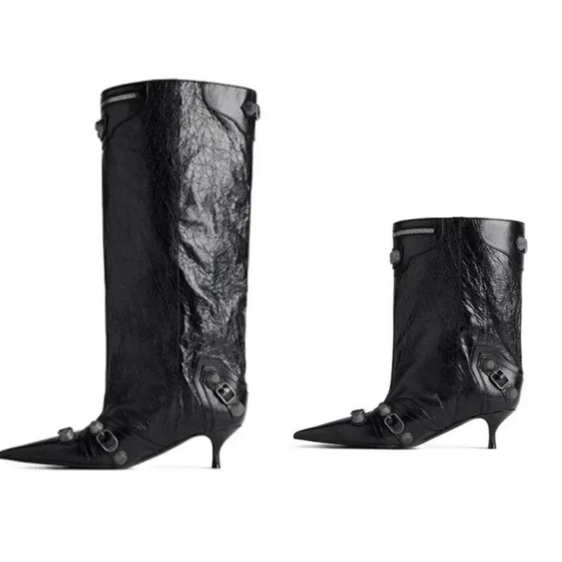 2026 Autumn/Winter New Rivet Women's Pointed Knee Length Women's Boots 5CM Stiletto High Heels Wide Barrel Women's Short Boots