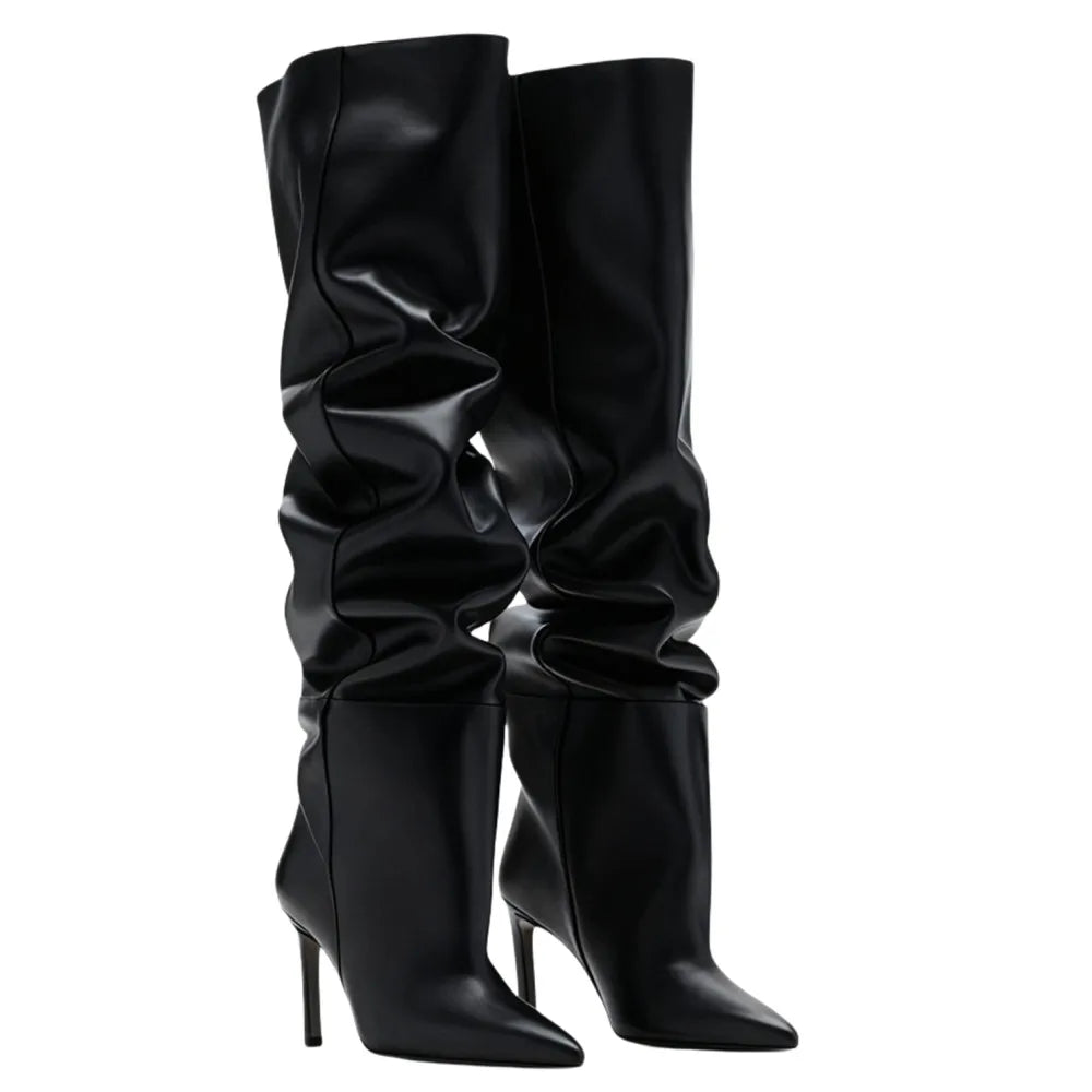 Fashion Pointed High Heels with Pleated Pile Boots, Size 46 Knee High Boots for Women, High Tube Boots