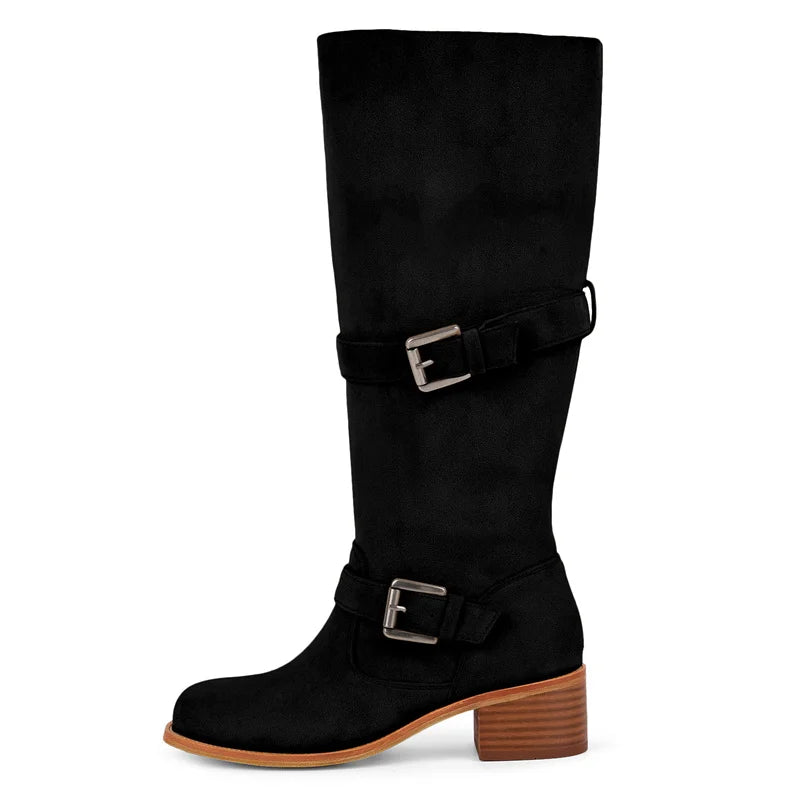 Onlymaker Women Round Toe Knee High Boots Low Heel  Fashion Pull on Wide Calf  Boots