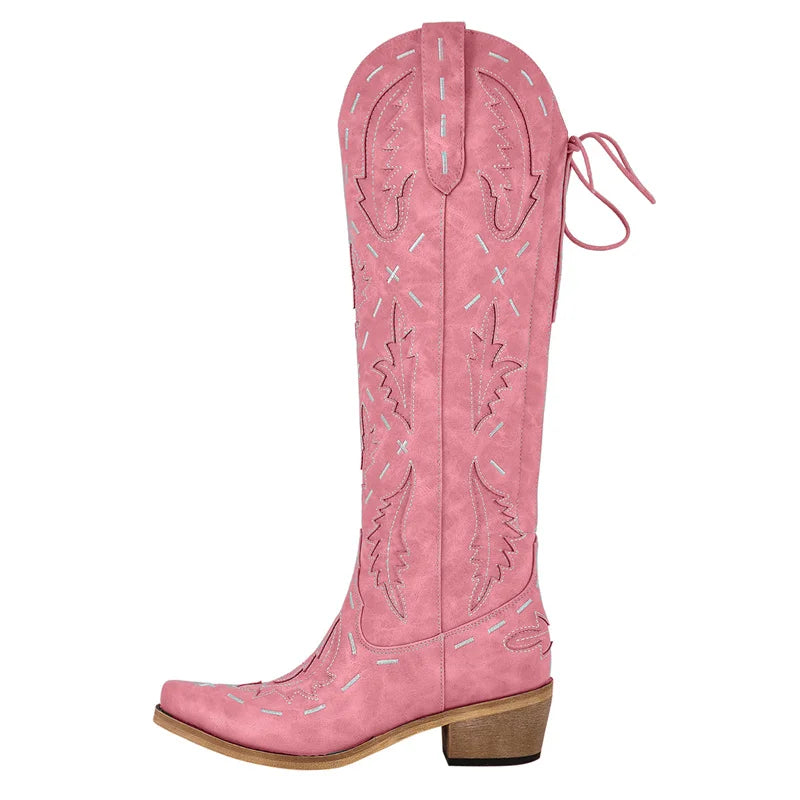 Onlymaker Women Cowgirl Boots Embroidery Lace-up Knee High Wide Calf Western Cowboy Boots