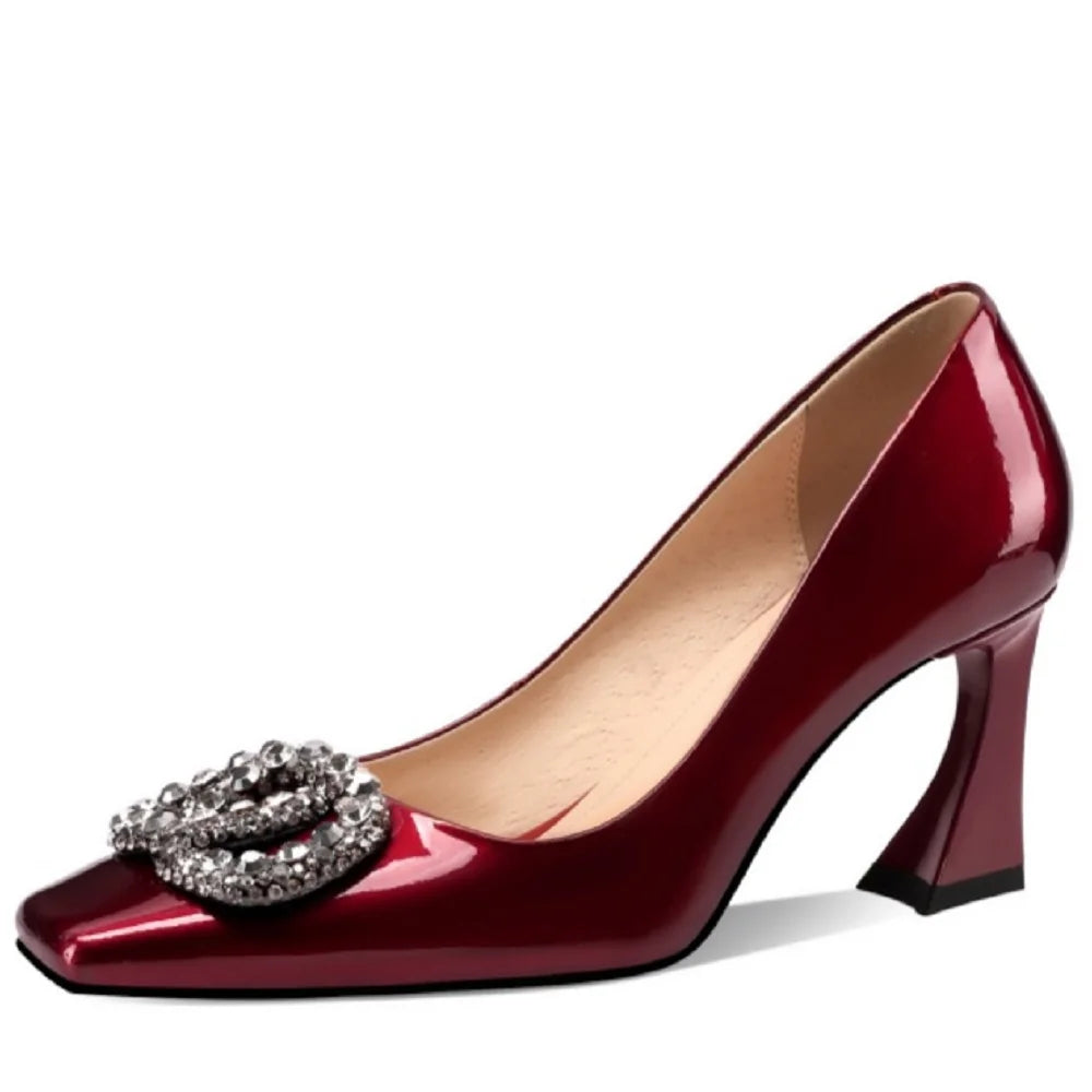 Women Handmade Genuine Leather Square Heel Sexy High Heels Wedding Shoe Ladies Round Toe Metal Buckle Party 33-43