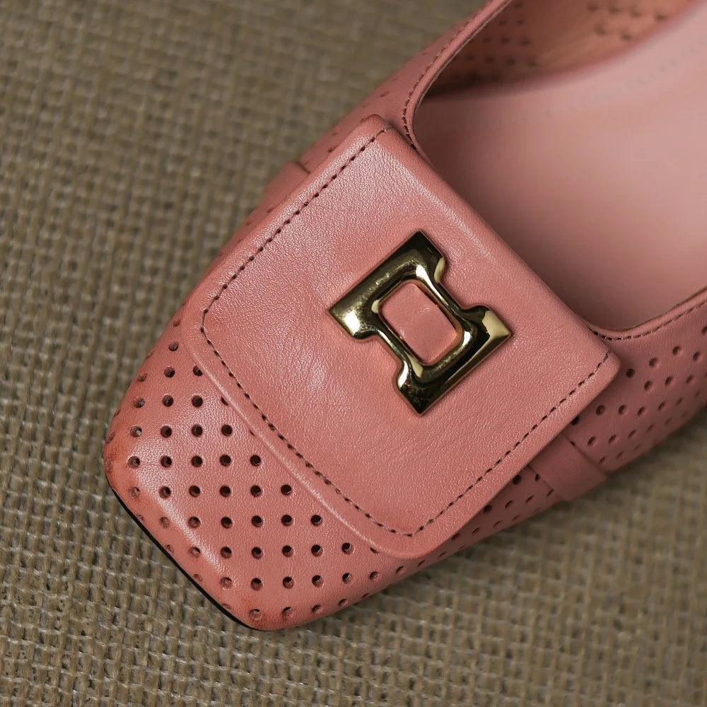 Woman Handmade Genuine Leather Square Head Solid Color Concise Single Shoes Mid Heels Shallow 34-41