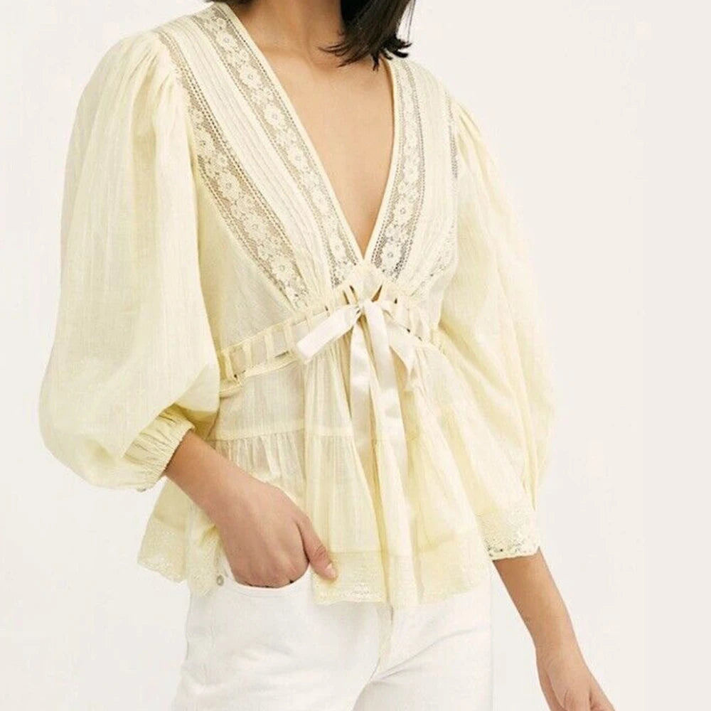 Womens Bow Tie Front Tops y2k Fairy Long Puff Sleeve V Neck Babydoll Peplum Shirts Cute Ruffle Flowy Pleated Blouses Streetwear