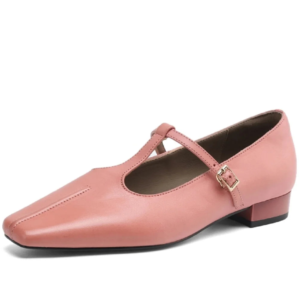 Handmade Genuine Leather Square Toe Low Heels T-strap Mary Janes Office Lady Party Catwalk Elegant Luxury 34-41