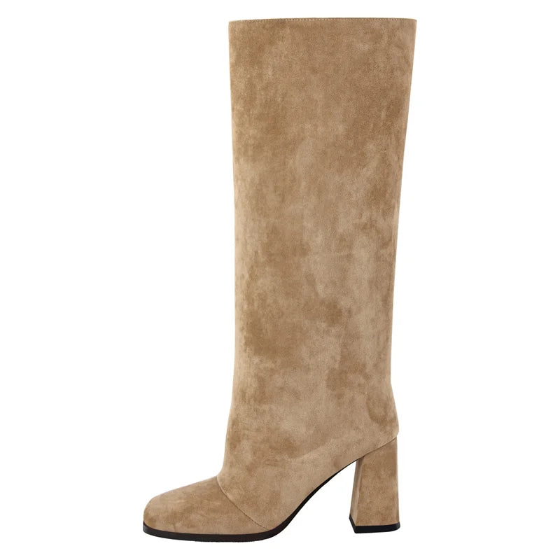 Onlymaker Square Toe Faux Suede Leather Knee-high Boots Chunky Heel Shoes Autumn Solid Slip On Fashion Elegant Boots