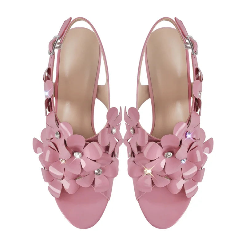 Women Open Toe Pink Patent Leather  Platform Chuncky Heel Ankle Buckle Strap Sandals Big Size Flower Punk Sandals