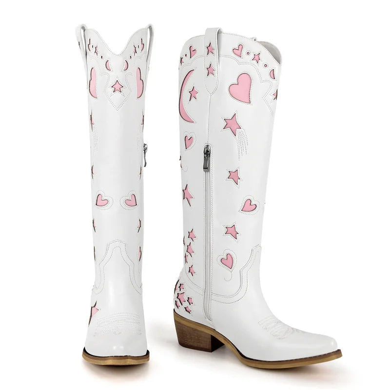 Onlymaker Women  Pointed Toe Knee High Western Cowgirl Boots Comfy White Stars Side Zipper Big Size  Cowboy Boots