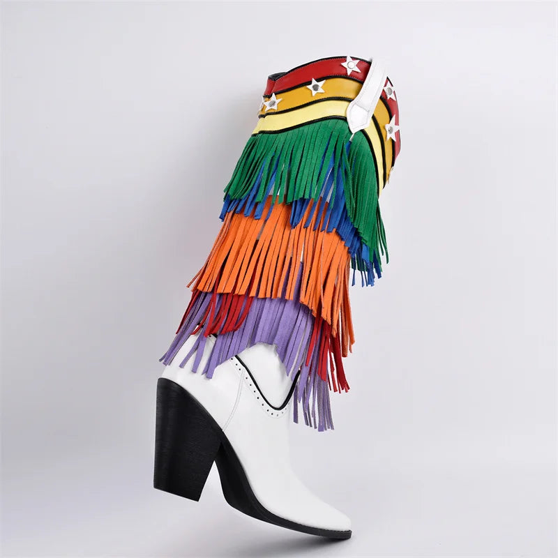 Onlymaker Women Pointed Toe Fringe Rainbow Pull-On Cowboy Boots Knee High Cowgirl Boots