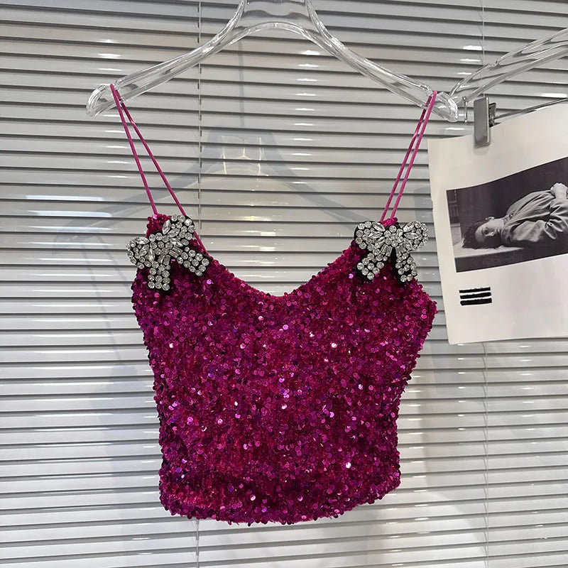 2026 Spring New Fashion Rhinestone Bow Pin Sequin Fabric Camisole For Women Versatile Backless Tank Tops Female 11A08722