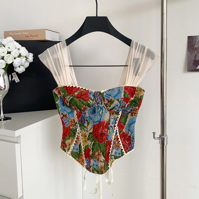 DEAT 2025 Summer New Fashion Embroidered Flowers Strapless Vest For Women Back Bandage Design Tank Tops Female Trendy 11A05382