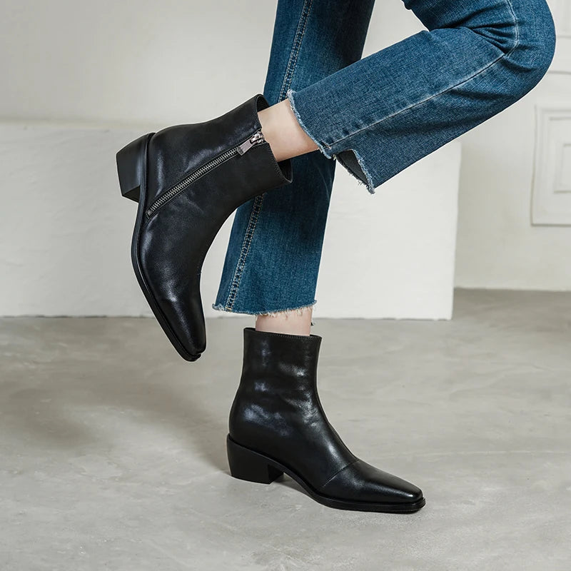 Size 34-40 New Handmade Genuine Leather Soft and comfortable Ankle Boots Zipper Chunky Mid Heels Square Toe Boot