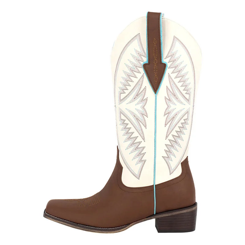 Onlymaker Women Square Toe Embroidered  Western Boots Block Heel Fashion Big Size Side Zipper Cowgirl Boots