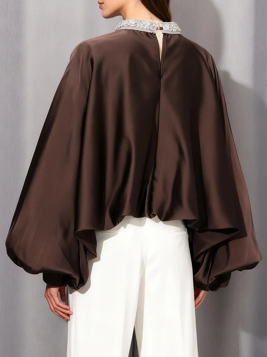 Elegant Retro Loose Blouses for Women Stand Collar Batwing Sleeve Patchwork Diamonds Chic Blouse Female Autumn Clothing New