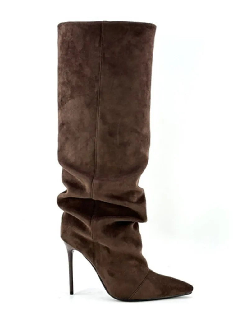 Ladies' Spring and Autumn New High Heels, Knee Length Boots, Side Zipper Folding High Barrel Fashion Large Women's Boots