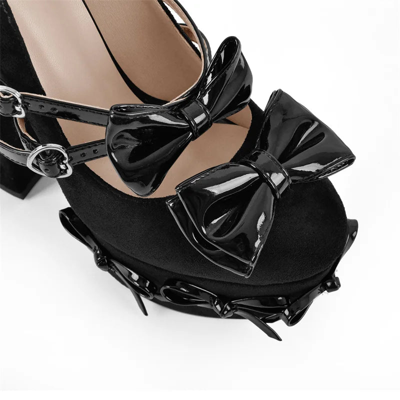 Women Pumps Mary-Jane Platform Black Bow-knot Chunky High Heels Ankle Strap Dress Party Hoof Heel Plus Size Shoes