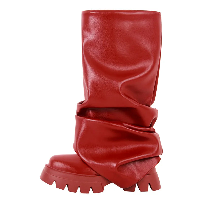 Onlymaker Women Platform  Pleated Fold Over Boots Round Toe Handmade Female Fashion Mid-Calf Boots