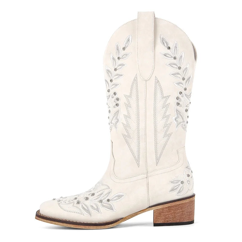 Women Square Toe Floral Rhinestones Embroidery Western Boots Pull On Knee High Chunky Heel Embroidered Boots