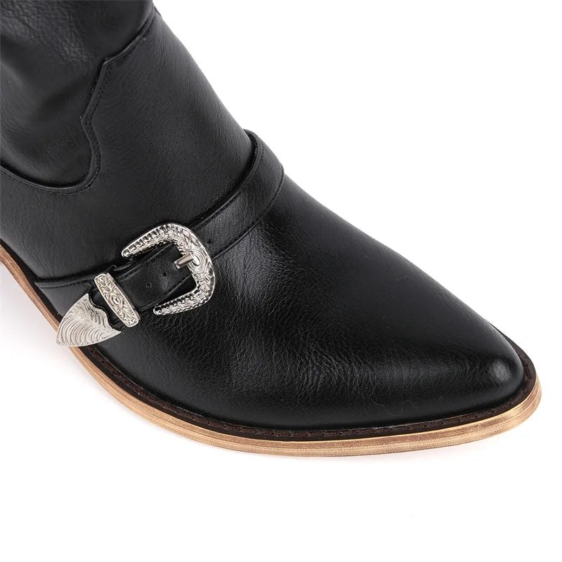 Onlymaker  Pointed Toe Women Western Cowgirl Boots Pull On Belt Buckle Knee High with Chunky Heel  Boots