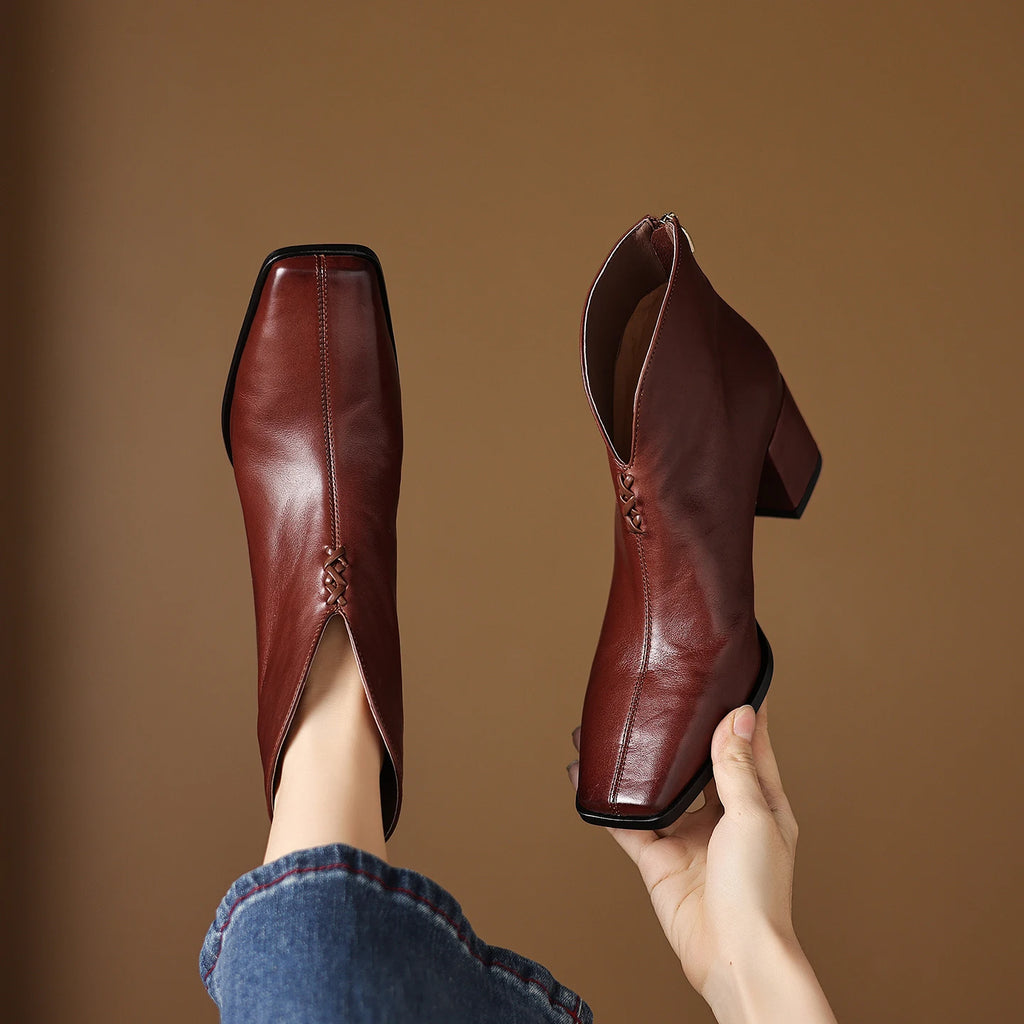 Women Handmade Genuine Leather Square Toe Ankle Boots Solid Womens Short Boots Modern Ladies Shoes 34-40