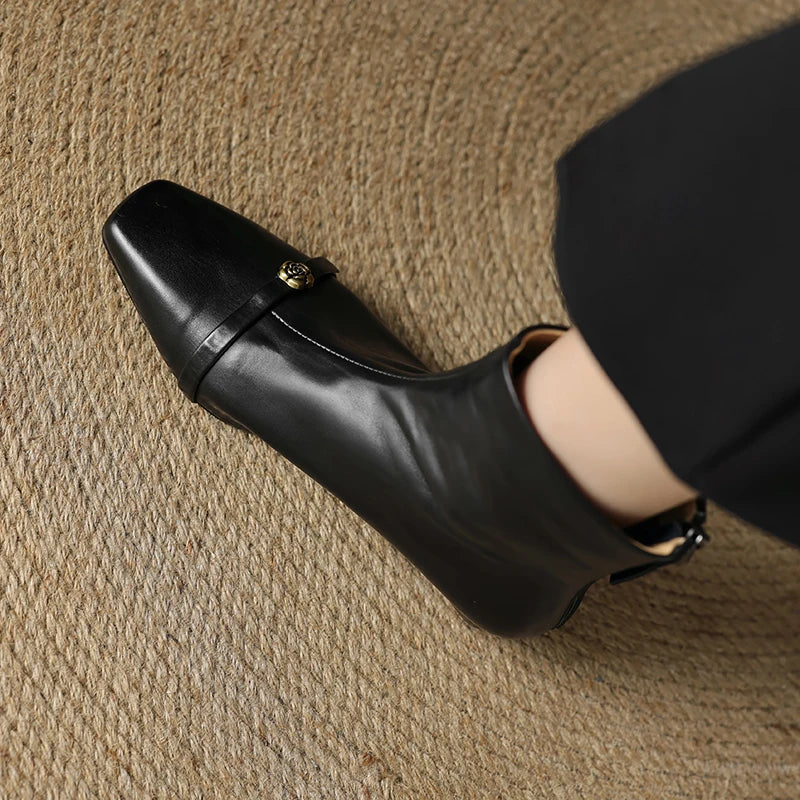 Handmade Genuine Leather Elegant Square Toe Women's Boots Autumn Winter Wide Calf Mid Heel Style Boots 33-42
