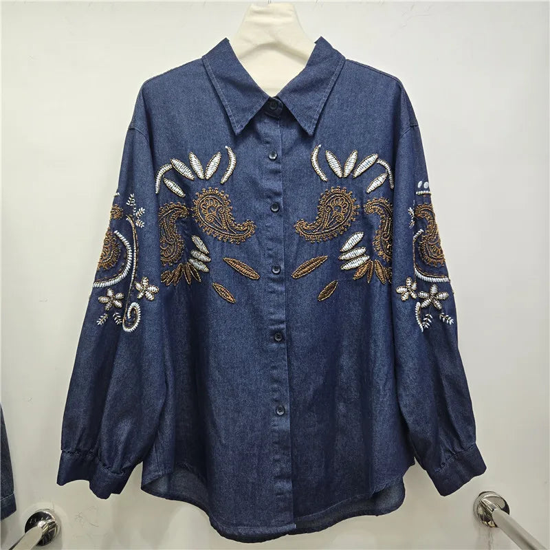 2026 Early Spring New Style Heavy Beaded Embroidery Denim Shirt For Women Loose Versatile Jacket Female Trendy 11A08742