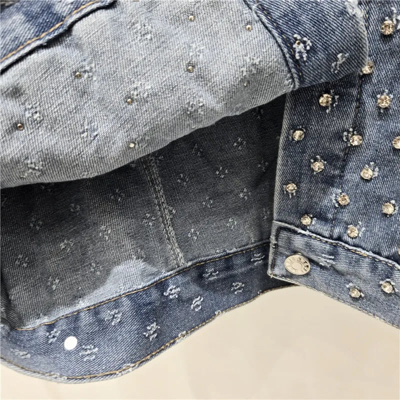 2026 Jeans Jacket Fashion Spring New Items Jacquard Diamond Denim Lapel Jacket For Women New Trendy Loose High-End Casual Denim Coat 11A08571