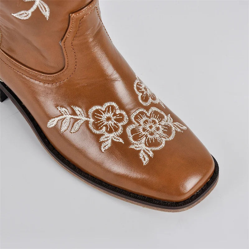 Women Brown Square Toe Embroidery Western Cowgirl Boots Pull On Knee High with Chunky Heel Embroidered Boots