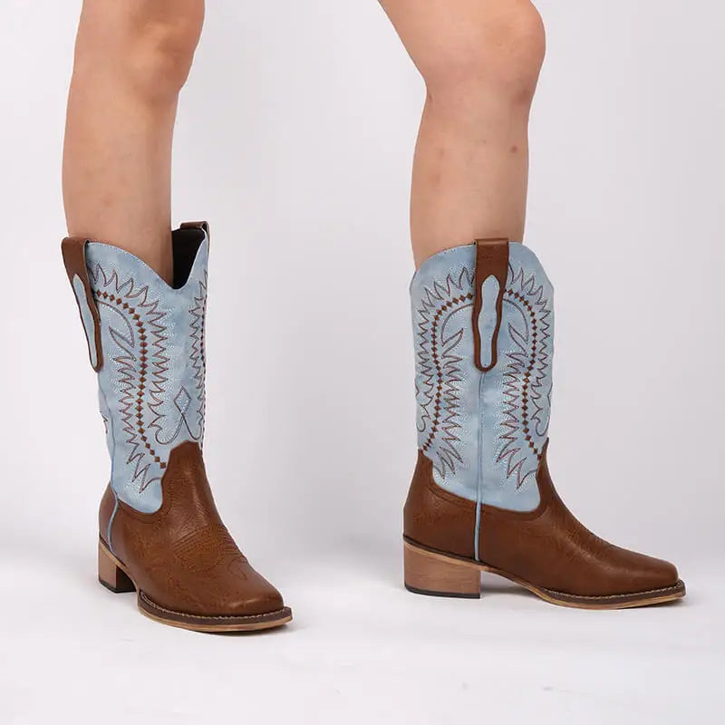 Women Square Toe Western Cowboy Boots  Embroidered Mid--Calf  Block Heel Fashionr Cowgirl Boots