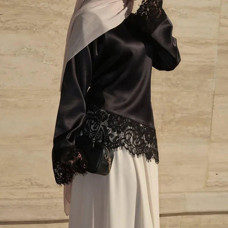 Elegant Solid Lace Trim Satin Blouse For Women Fashion O-neck Long Sleeve Lace Up Waist Tops Lady 2026 Spring Chic Streetwear