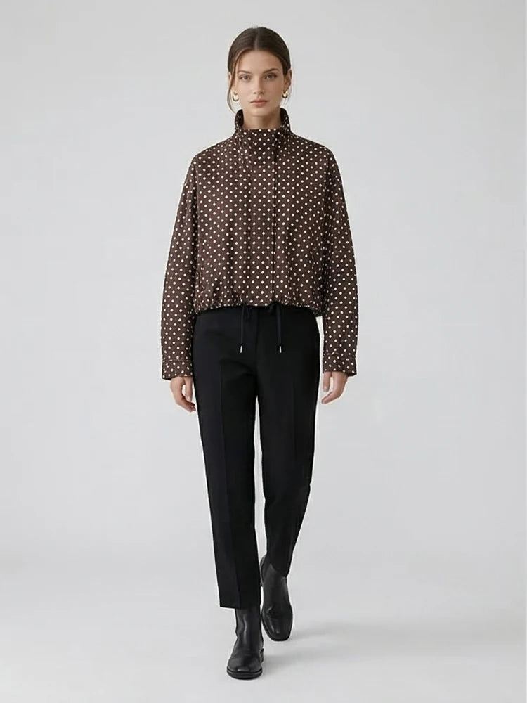 Women's Dot Jackets Fashion Lace Up Front Zipper Casual High Neck Long Sleeves Female Elegant Chic Lady Outfits