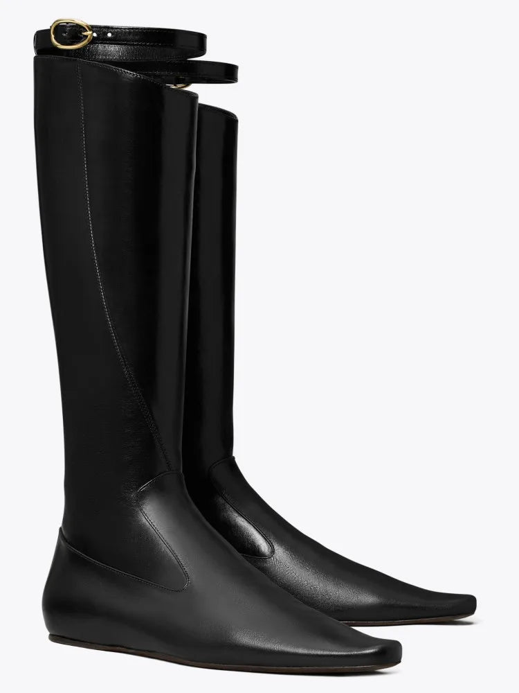 2026 Autumn and Winter, Knee High Women's Boots with Square Toe, Fashionable Black Midsole, Flat Bottom Women's Boots