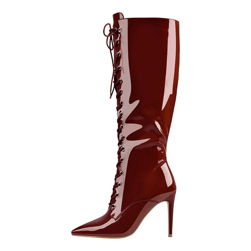 Onlymaker Women Pointed Toe Boots Side Zip 10CM High Heel Sexy Leopard Print Stiletto Stretch Knee High Boots Lace-Up Boots