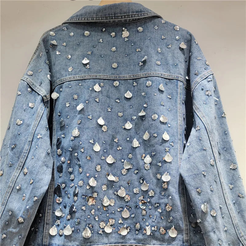 2026 Jeans Jacket Early Spring New Fashion Heavy Industry Sequin Long Sleeve Denim Jacket For Women Loose Versatile Coat Female 11A08309