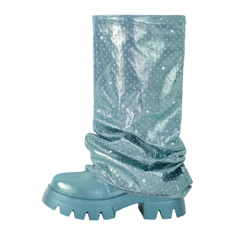 Women  Round Toe Fold Over Mid-Calf Webs Handmade Female Fashion  Pull On Slouch Boots