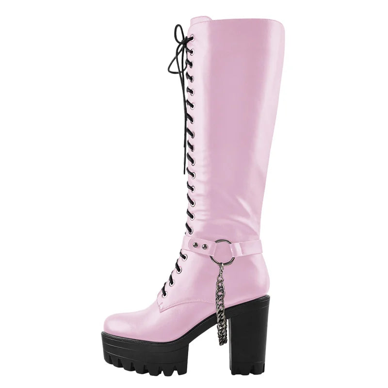 Onlymaker Women Black Matte Platform Front Lace-Up Side Zip Knee High Boots Lady Fashion Classic Big Size Winter Boots