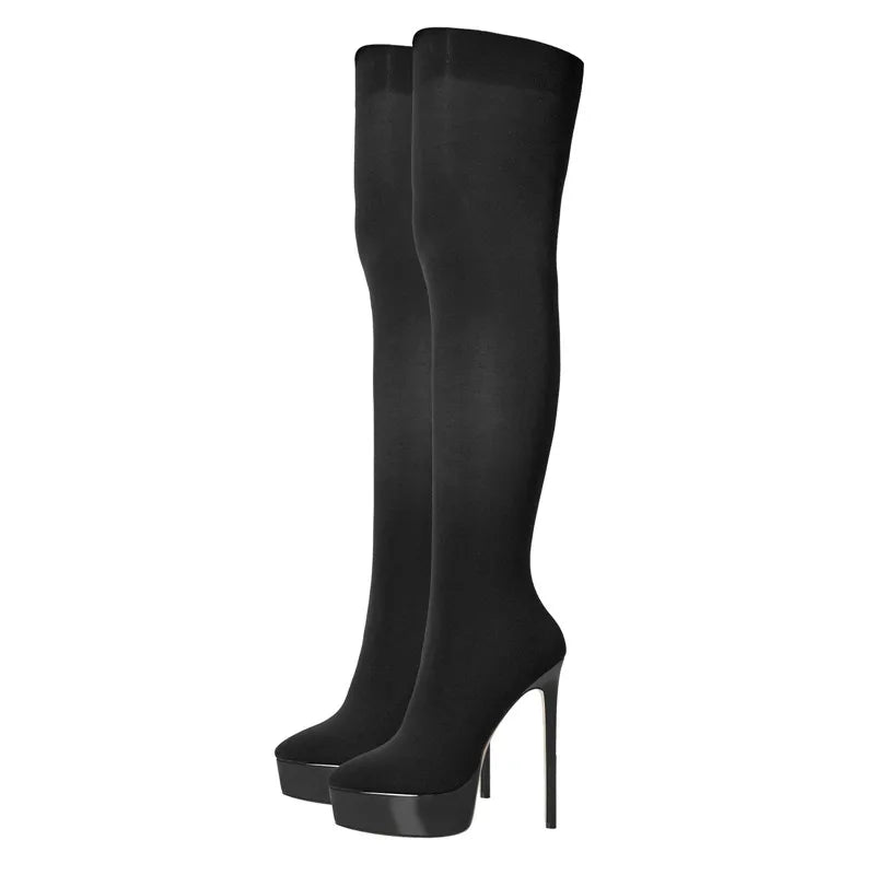 Onlymaker Women Over the Knee Boots Pointed Toe Black Platform High Heel Stiletto Stretch Sock Fashion Sexy Stocking Boots