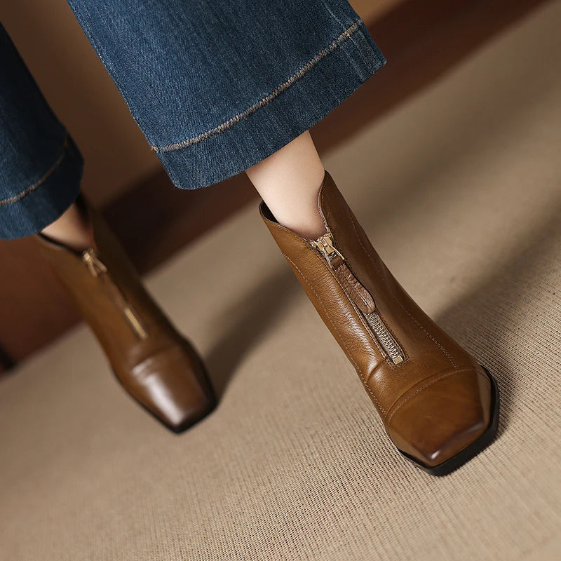 New Women Handmade Genuine Leather Soft comfortable High Heels Ankle Boots Square Toe Short Elegant Short 34-40