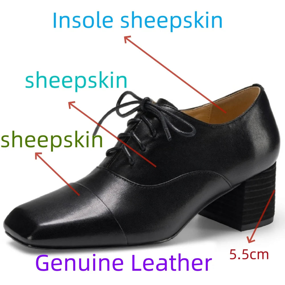 Womens Handmade Genuine Leather Soft comfortable Dress Work Basic Style Shoes Lace-Up Mid Heels Square Toe 34-40