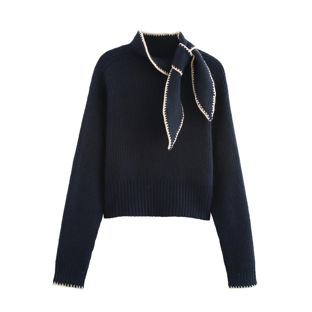 2025 Winter New Sweet and Fashionable Stand up Collar Long Sleeve Bow Decoration Knitted Sweater for Women