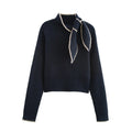 2025 Winter New Sweet and Fashionable Stand up Collar Long Sleeve Bow Decoration Knitted Sweater for Women
