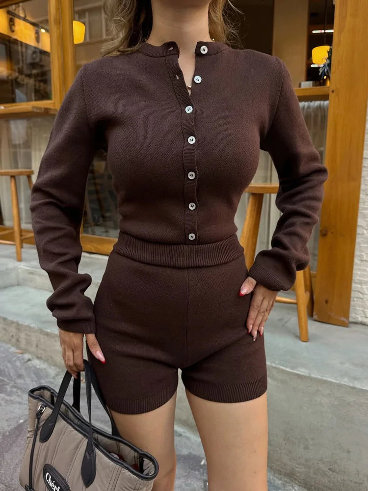 Knit 2 Piece-Set Shorts Female Ribbed Patchwork Sweater Cardigan Top And High Waist Shorts Sets Women' Knitwear Outfits