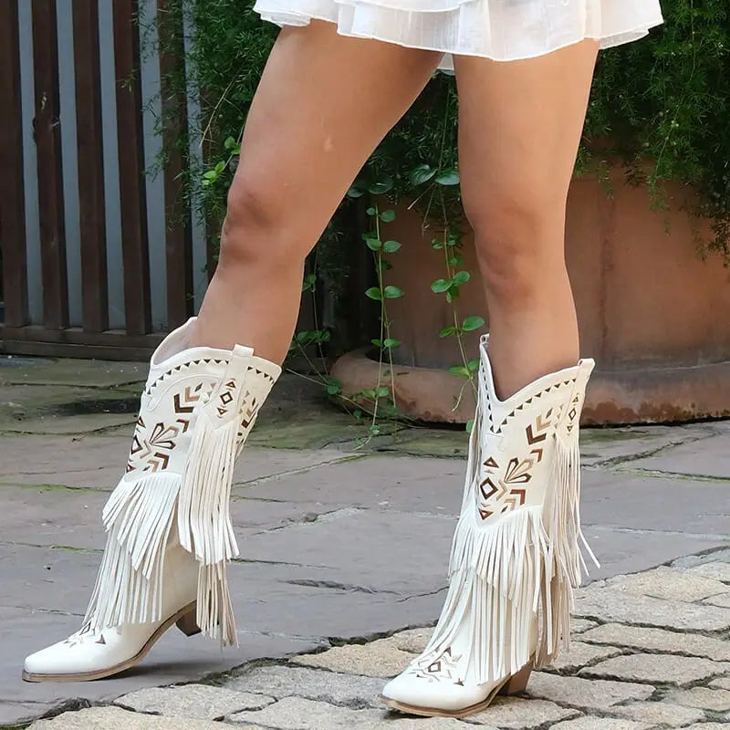 Onlymaker Women Pointed Toe Retro Fringe Pull On Western Cowgirl Boots Fringed Chunky Heel Embroidery Cowboy Boots