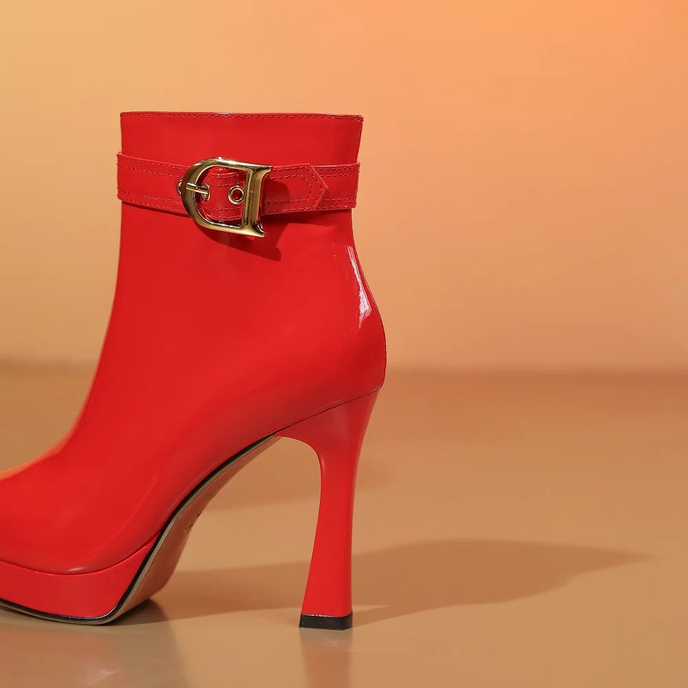 Women Handmade Genuine Leather Plush Platform Ankle Boot High Chunky Heels Office Ladies Buckle Zipper Short Boot