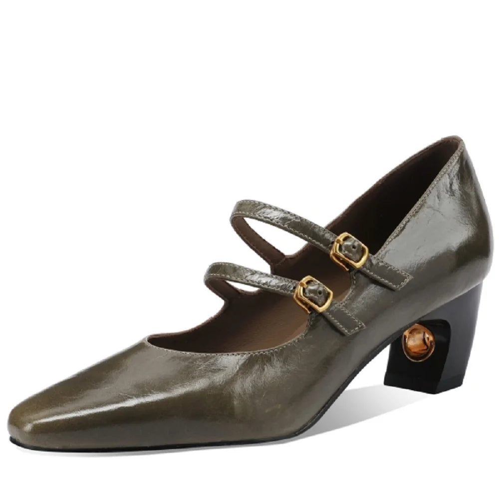Women Handmade Genuine Leather square toe metal buckle Mary Jane elegant ladies Mid heel evening dress shoe 33-43