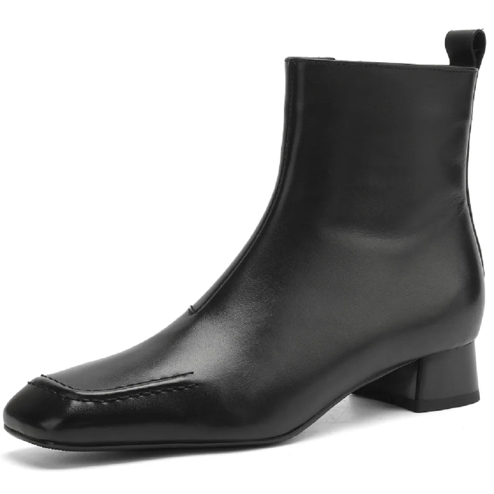 Women's Handmade Genuine leather square toe zip Soft comfortable ankle boots elegant ladies med heel dress 34-40