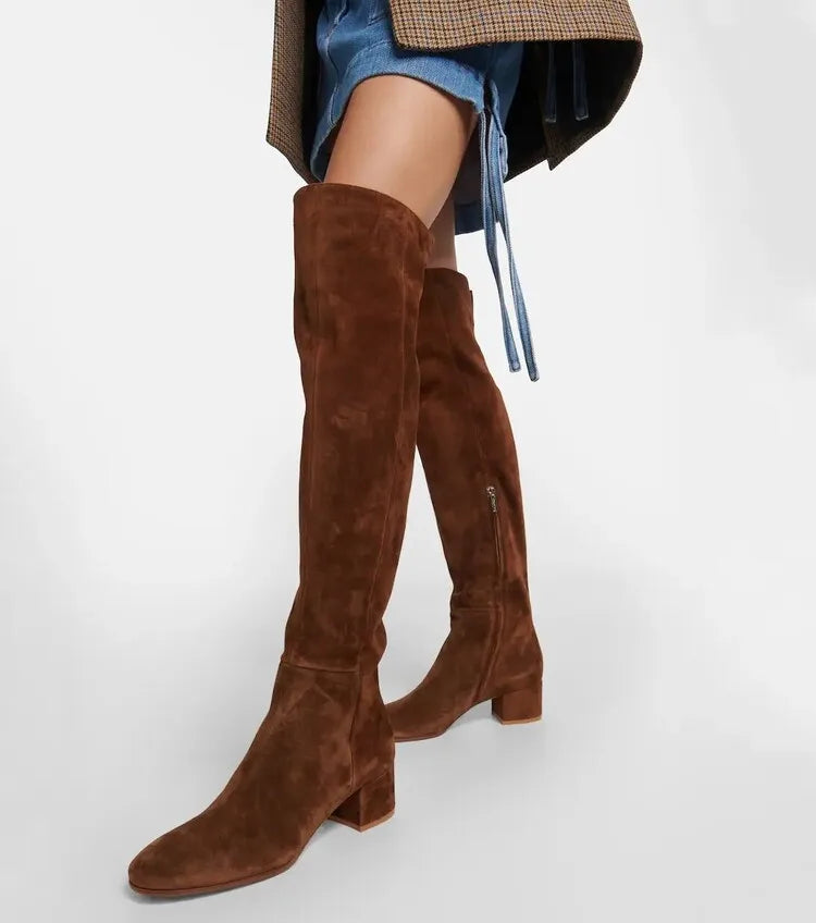 2025 Autumn and Winter New Women's Knee Over Boots Round Head Thick High Heels Side Zipper 34-46 Large Women's Boots