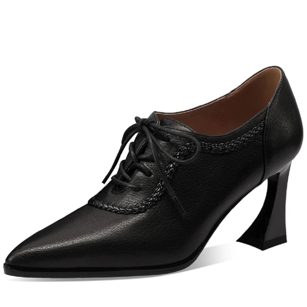 Women Handmade Genuine Leather Pointed Toe Lace-up Thick Heel Platform Retro Classic Spring Autumn 33-43
