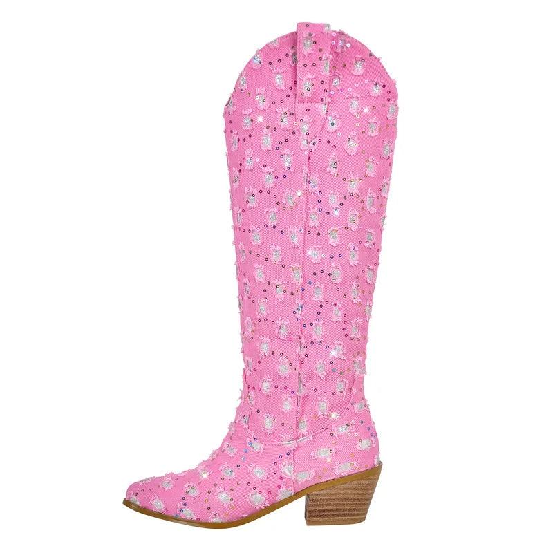 Onlymaker Women Pointed Toe Knee High Boots Western Boots Wide Calf Embroidered Canvas Block Heel Pull-On Cowgirl Booties